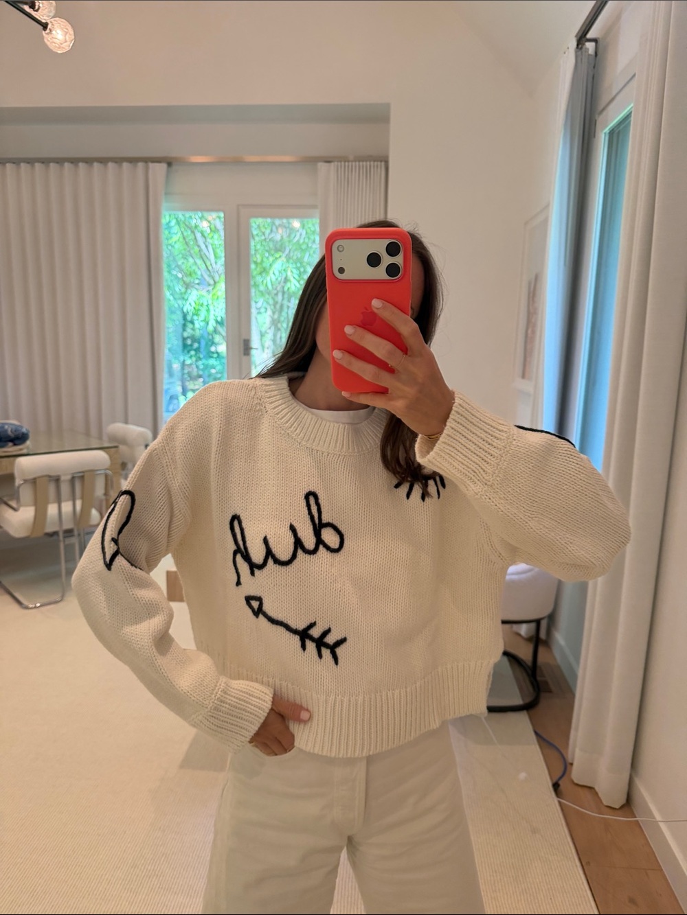 Wildfox Cream Knit Crewneck Sweater with Black Script and Arrow